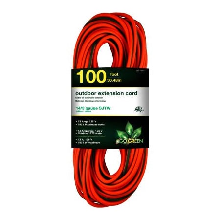 Gogreen SJTW Extension Cord, 14 AWG, Outdoor, 14/3, 1 Outlets, Green/Orange, 100 ft GG-13800